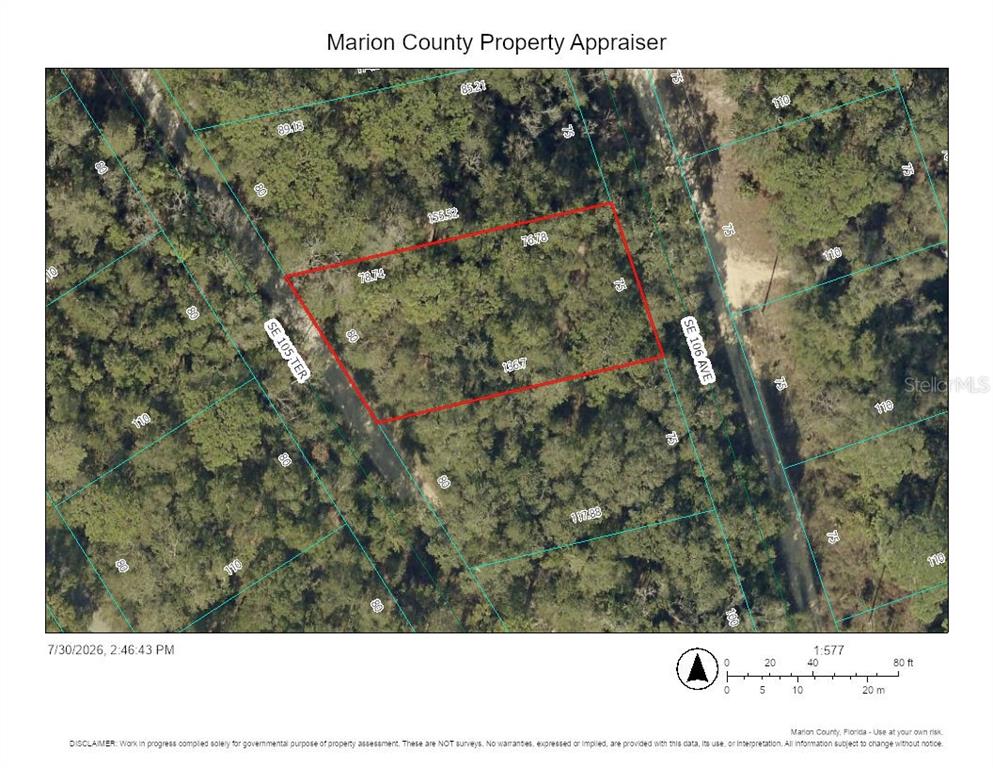 This is a property map showing a wooded lot outlined in red — 00 SE 105TH TERRACE, OCKLAWAHA, FL