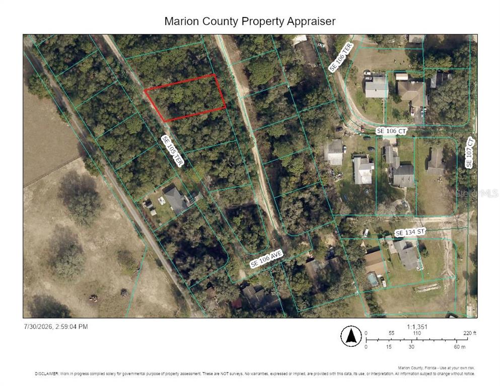 This is a property map showing a vacant lot outlined in red — 00 SE 105TH TERRACE, OCKLAWAHA, FL