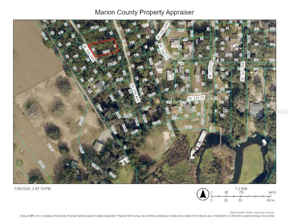 This is a property tax map showing parcel boundaries and street layouts in Marion County — 00 SE 105TH TERRACE, OCKLAWAHA, FL