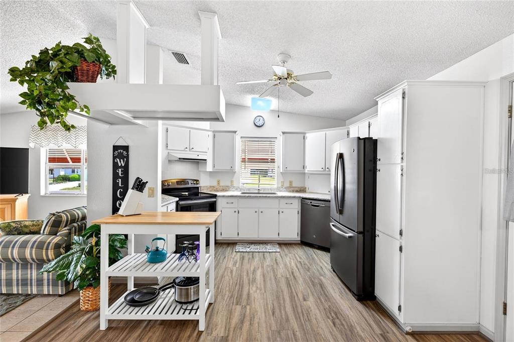 A kitchen features white cabinetry, stainless steel appliances, wood-look flooring, and a portable kitchen island — 932 CHULA CT, LADY LAKE, FL