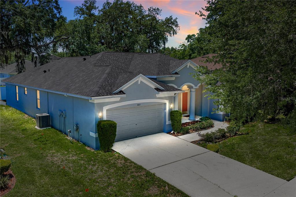 A blue single-story house with a two-car garage and a concrete driveway — 1603 GRAND HERITAGE BOULEVARD, VALRICO, FL