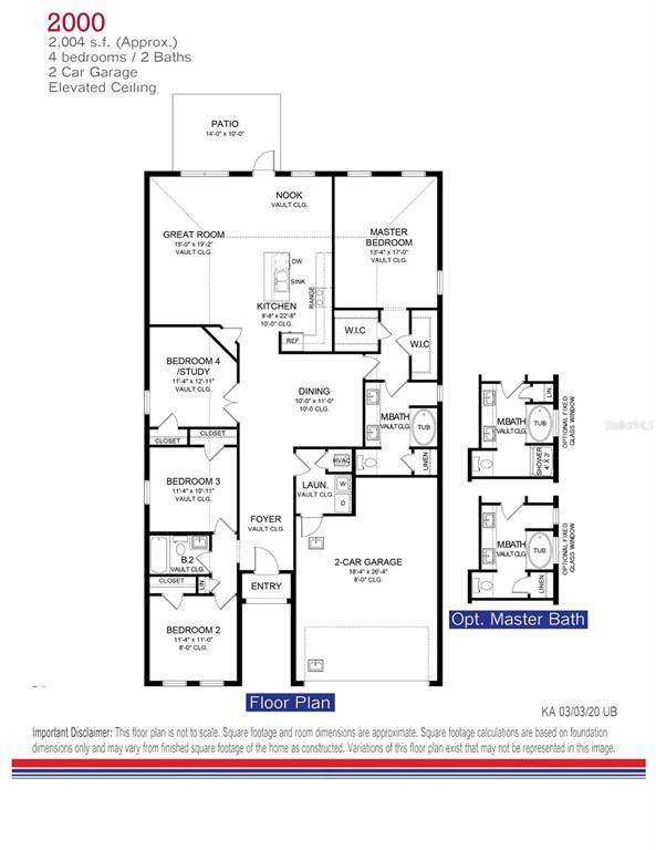 This floor plan shows a four-bedroom, two-bathroom house with a two-car garage and patio — 4404 SW 92ND PLACE ROAD, OCALA, FL