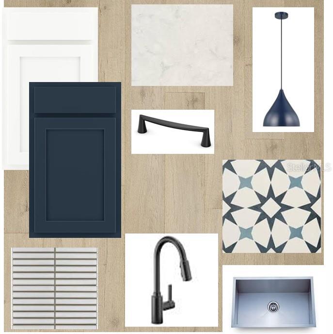 This design board displays kitchen finish samples including cabinetry, countertops, hardware, lighting, and tile flooring — 5157 CREEK SAND DRIVE, APOLLO BEACH, FL