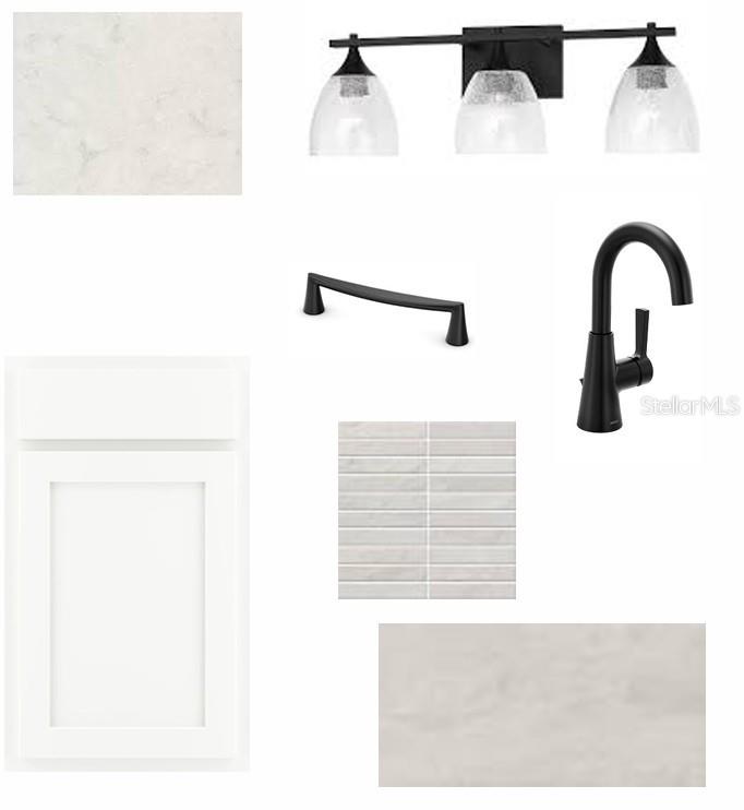 This design board displays white cabinetry, matte black hardware, light countertops, and tile samples — 5157 CREEK SAND DRIVE, APOLLO BEACH, FL