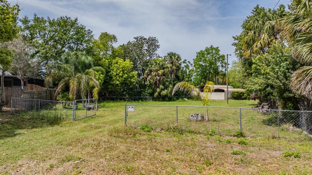 A fenced, grassy lot features several palm trees and a small shed in the background — 0 VILLA DRIVE, HUDSON, FL