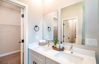 A bathroom features a white vanity with a double sink, mirrors, and an adjacent closet — 3859 SW 169TH LANE ROAD, OCALA, FL