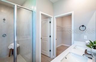 A bathroom features a glass-enclosed shower, a doorway to a walk-in closet, and a vanity — 3859 SW 169TH LANE ROAD, OCALA, FL