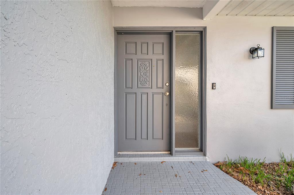 A gray front door with a side window sits on a tiled porch — 1995 MEADOW DRIVE, CLEARWATER, FL
