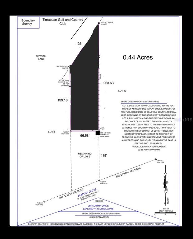 This is a boundary survey map showing a 0.44-acre lot in Lake Mary, Florida — 268 ALMYRA DRIVE, LAKE MARY, FL