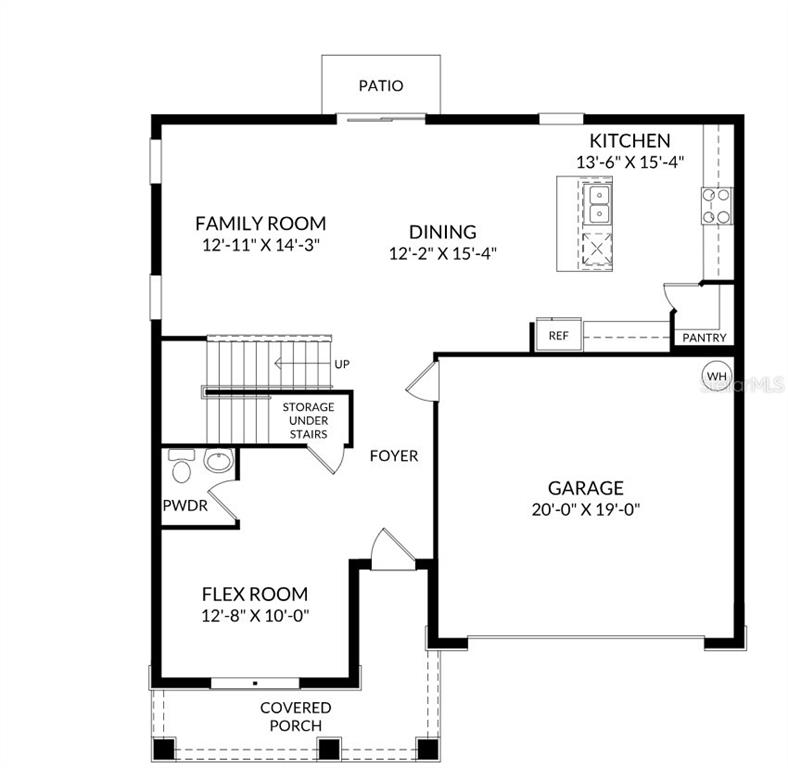 This is a floor plan of a home's first level featuring a garage and patio — 12837 TROVITA DRIVE, GRAND ISLAND, FL
