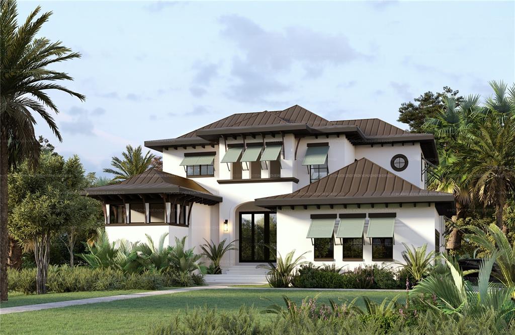 This is a digital rendering of a two-story house with a metal roof and awnings — 6937 MIDNIGHT PASS ROAD, SARASOTA, FL