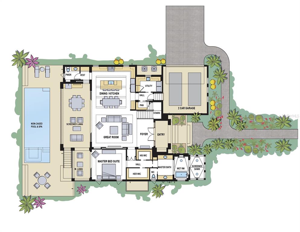 This is a floor plan of a single-story house featuring a pool, lanai, and garage — 6937 MIDNIGHT PASS ROAD, SARASOTA, FL