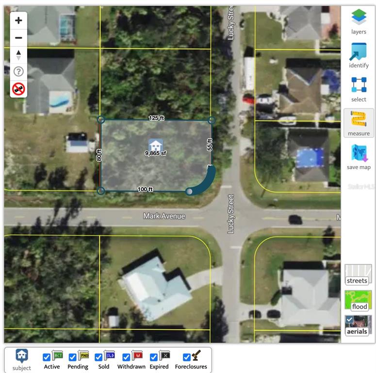 This map shows an aerial view of a vacant residential lot with its dimensions highlighted — 17478 MARK AVENUE, PORT CHARLOTTE, FL