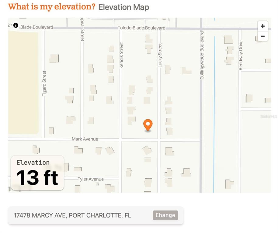 This is an elevation map showing a location in Port Charlotte, Florida, at 13 feet — 17478 MARK AVENUE, PORT CHARLOTTE, FL