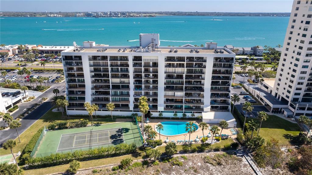 A pool deck features a circular hot tub, a swimming pool, lounge chairs, and palm trees — 1250 GULF BOULEVARD UNIT 703, CLEARWATER BEACH, FL