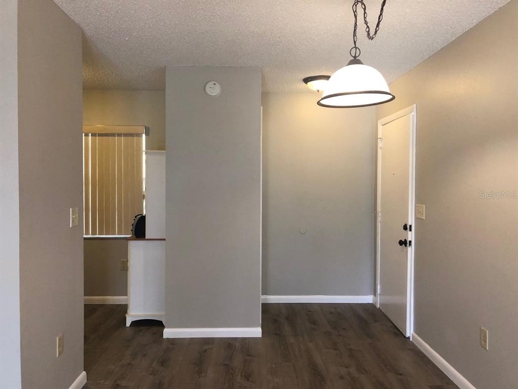 A room with gray walls, dark wood-look flooring, a pendant light, and a white door — 4008 EL MERITA COURT, NEW PORT RICHEY, FL