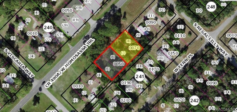 This is an aerial map showing two adjacent highlighted parcels of land — 7852 W HOMOSASSA TRAIL, HOMOSASSA, FL