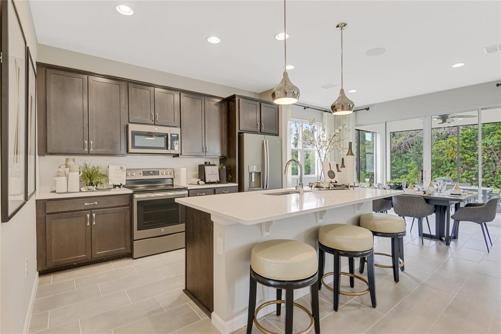 A modern kitchen features dark wood cabinets, a white quartz island, and stainless steel appliances — 10113 TURNBERRY LANE, LEESBURG, FL