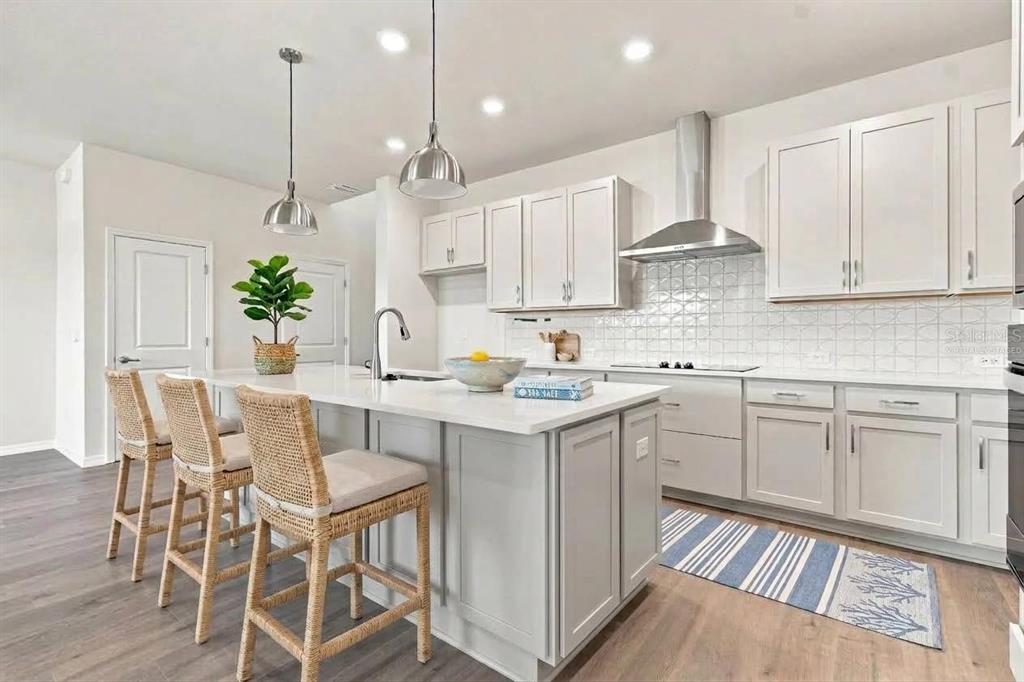 A two-story house exterior features a light green stucco finish, white trim, and an open garage — 3435 YELLOW CASSIA DRIVE, WESLEY CHAPEL, FL