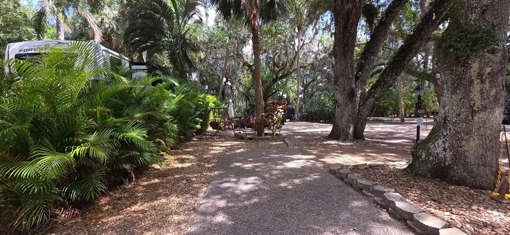 A paved driveway leads to a shaded campsite with large trees and a parked RV — 400 LONGHORN DRIVE, RIVER RANCH, FL