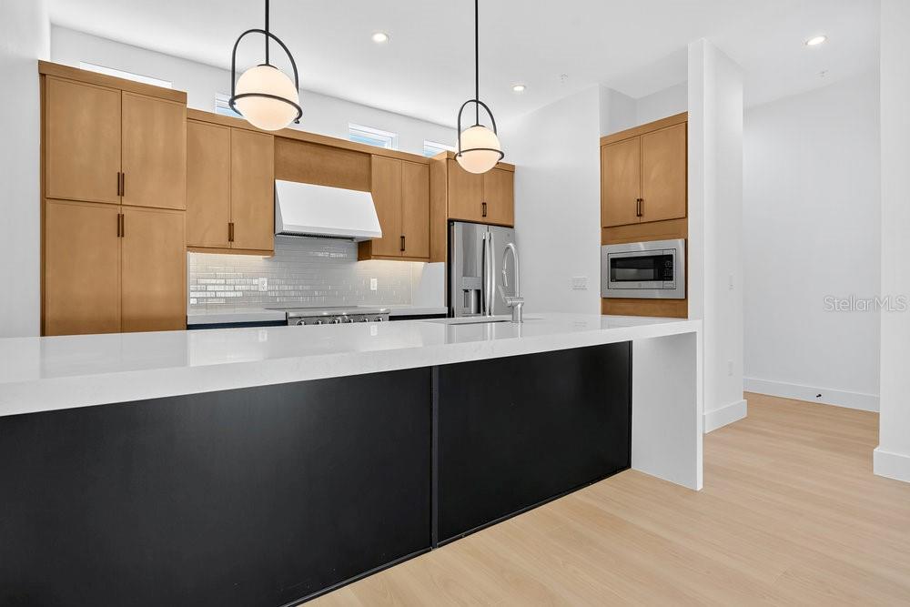 A modern kitchen features light wood cabinetry, white countertops, a black island, and pendant lighting — 1004 E ROBINSON, ORLANDO, FL