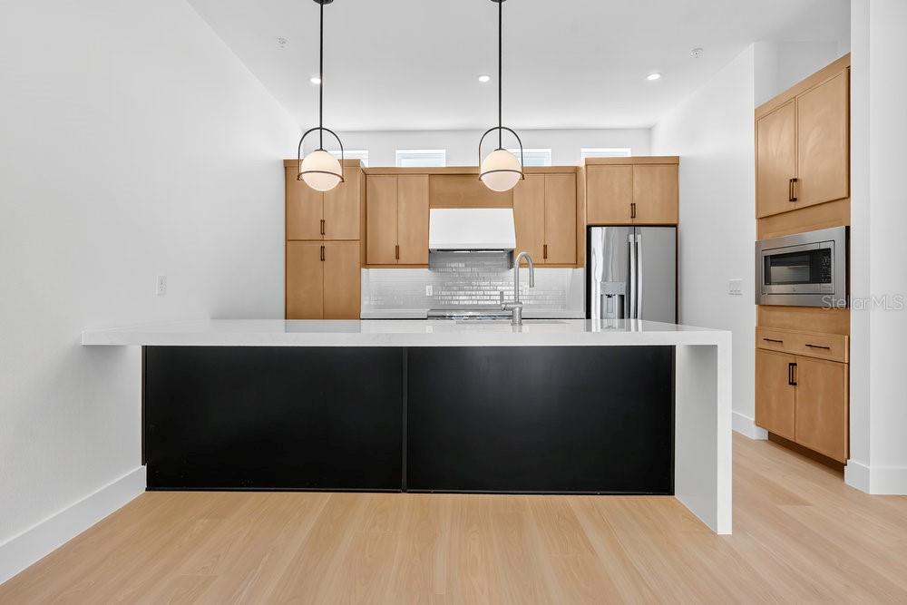 A modern kitchen features light wood cabinets, a black island, and white countertops — 1004 E ROBINSON, ORLANDO, FL