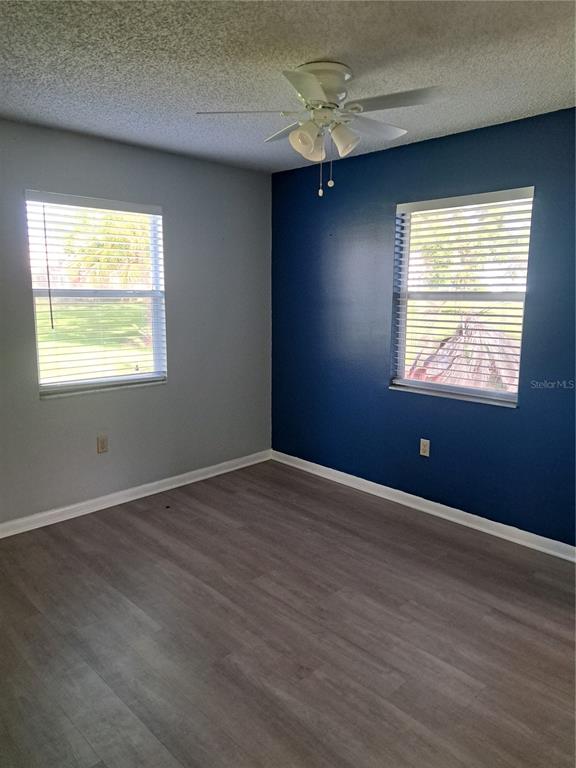 An empty bedroom features gray and blue walls, wood-look flooring, and two windows with blinds — 5618 ROSEWALL CIRCLE, LEESBURG, FL