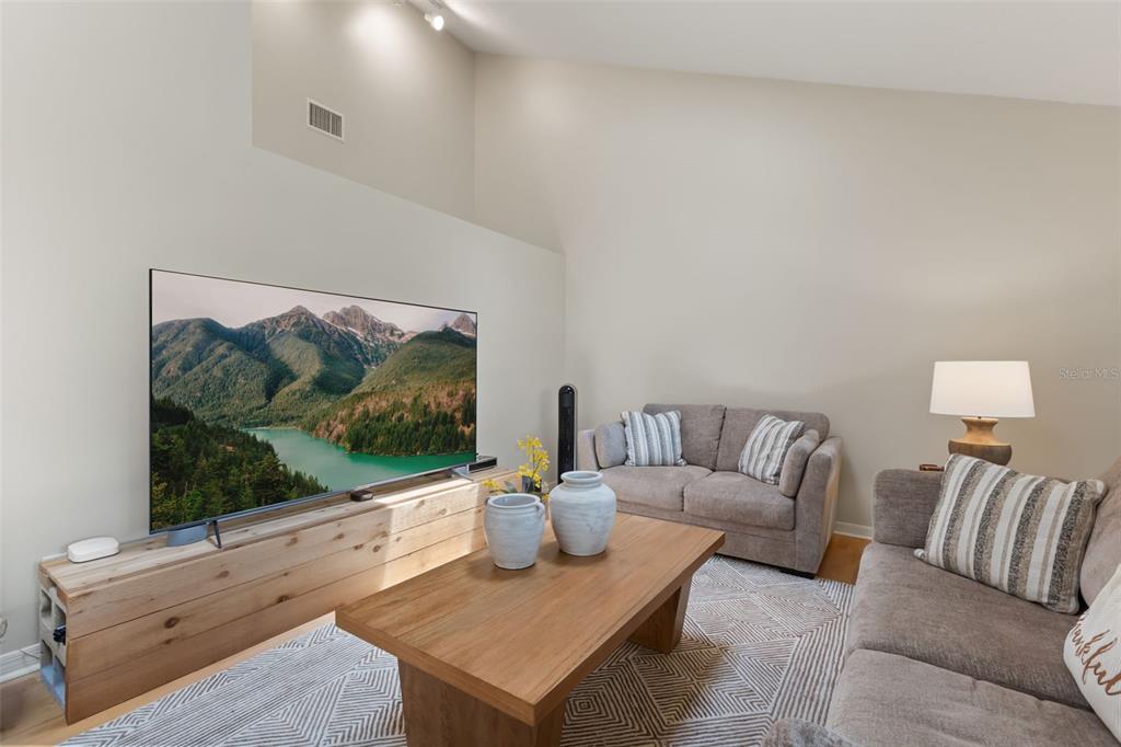 A living room features a large television on a wood console, two sofas, and a rug — 956 STONEWOOD LANE, MAITLAND, FL