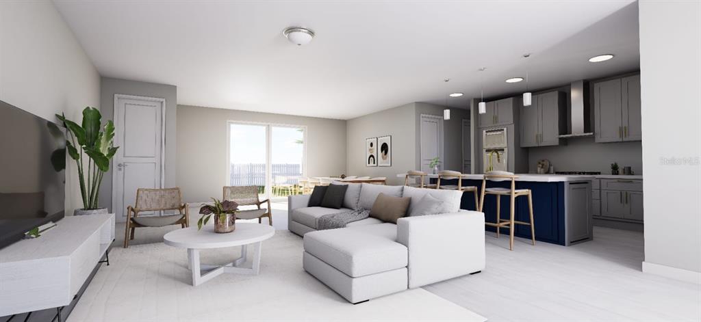 This rendering shows an open-concept kitchen and living area with gray cabinets and a blue island — 4177 SW 100TH STREET, OCALA, FL