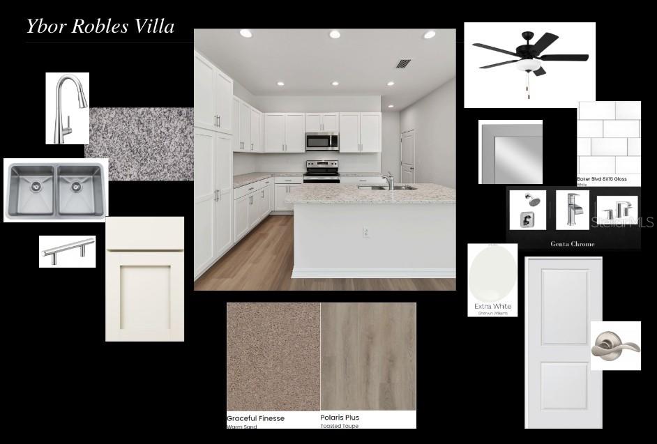 This design board displays a kitchen rendering alongside samples of cabinets, countertops, flooring, and fixtures — 1427 E 29TH AVENUE, TAMPA, FL
