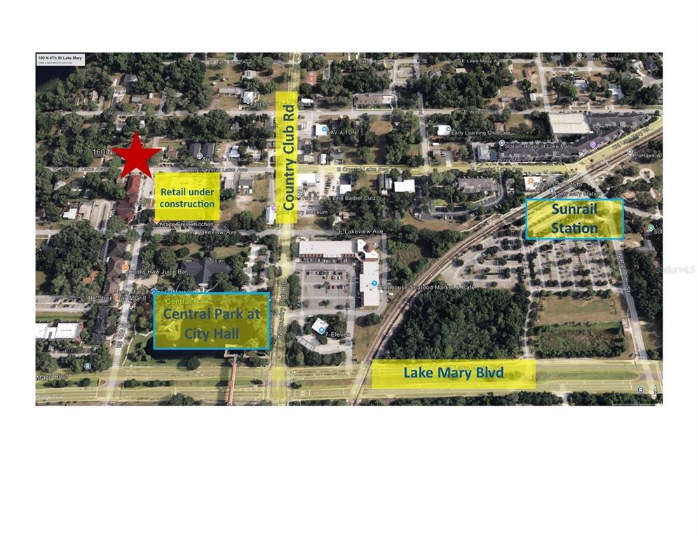 This is an aerial map showing the location of a property relative to local landmarks — 160 N 4TH STREET, LAKE MARY, FL