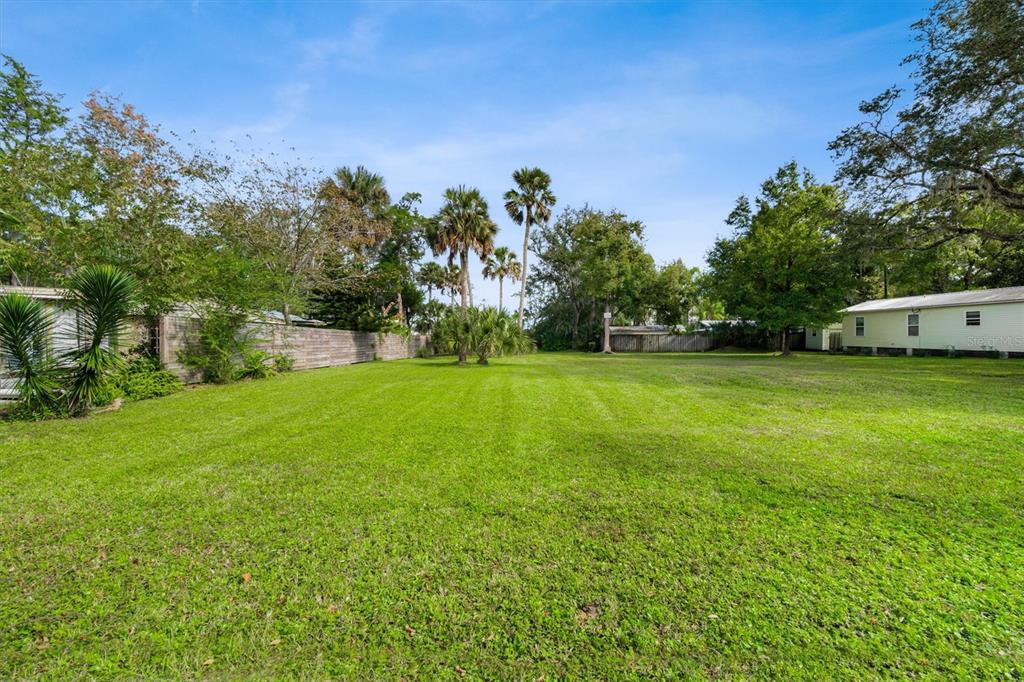 A large, grassy backyard features a wooden fence, several palm trees, and neighboring houses — 29 & 27A FLORIDA AVENUE, ST AUGUSTINE, FL