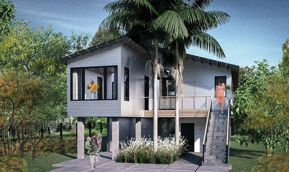 This architectural rendering shows a modern elevated house with a staircase and palm trees — 29 & 27A FLORIDA AVENUE, ST AUGUSTINE, FL
