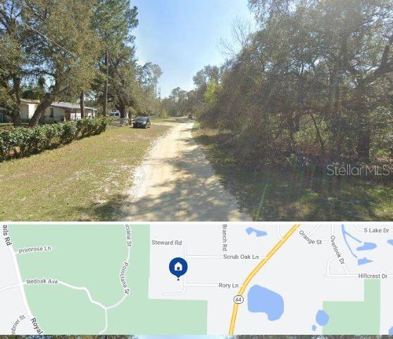 This image shows a dirt road leading through a wooded area alongside a location map — TOMS POND ROAD, EUSTIS, FL