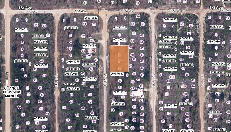 This is a satellite map view showing residential land parcels and street layouts — 106 16TH STREET, INTERLACHEN, FL