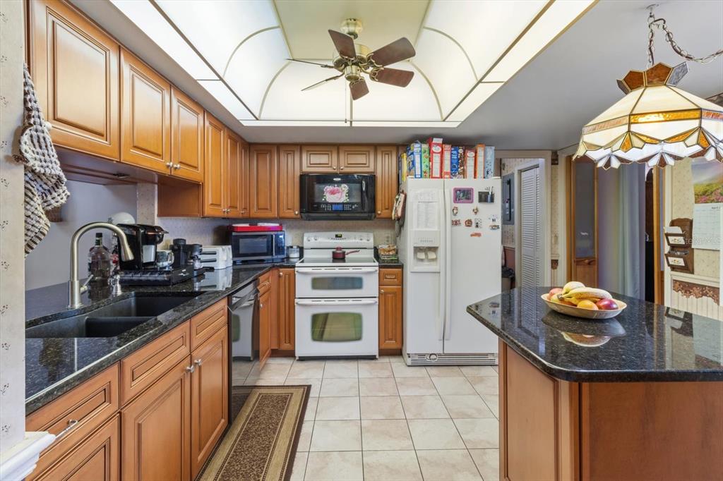 A kitchen features wood cabinets, black granite countertops, white appliances, and a tray ceiling — 8921 S THOROUGHBRED POINT, INVERNESS, FL