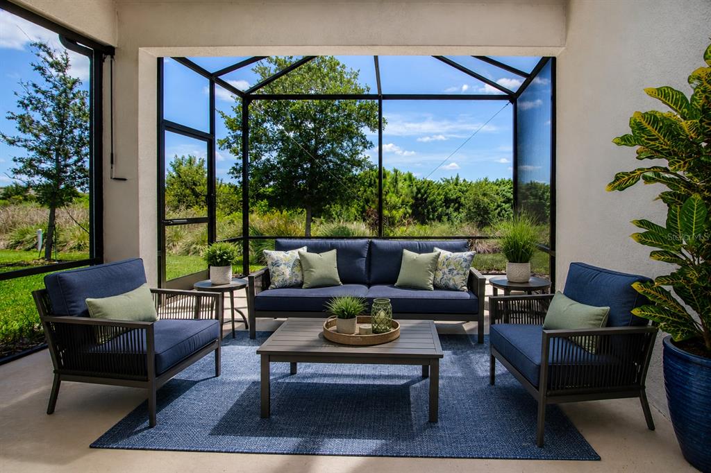 A screened-in patio features dark blue outdoor furniture, a coffee table, and a rug — 8427 OCEAN TIDES COVE, PARRISH, FL