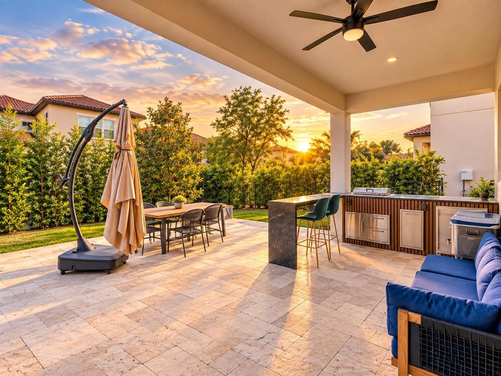 An aerial view shows a single-family home with a dark roof on a corner lot — 15161 CANOE PLACE, WINTER GARDEN, FL