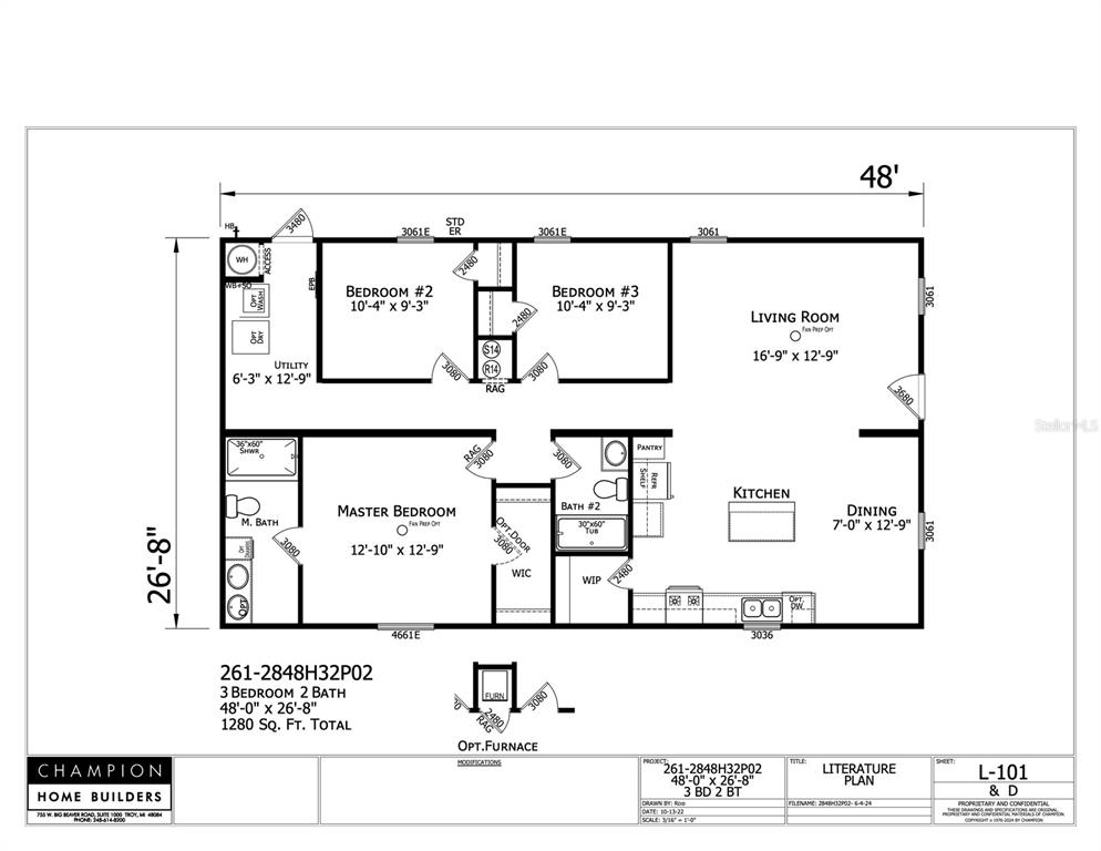 This is a floor plan for a 1,280-square-foot, three-bedroom, two-bathroom manufactured home — 2763 N VASSER TERRACE, HERNANDO, FL