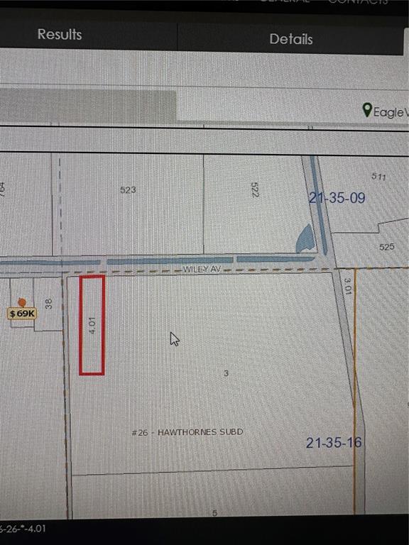 This is a digital map showing a highlighted rectangular parcel of land within a subdivision — WILEY AVE, MIMS, FL