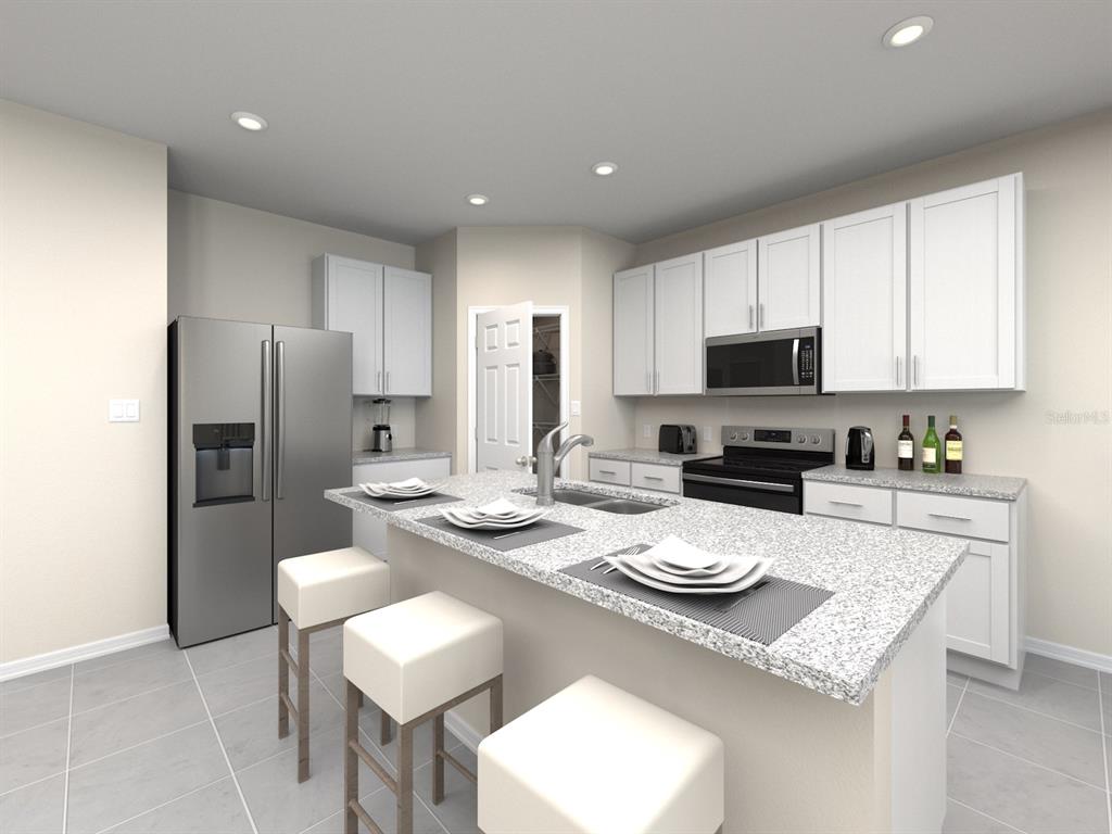 This rendering shows a kitchen with white cabinets, stainless steel appliances, and a granite island — 1016 MONARCH PASS, LAKE HAMILTON, FL