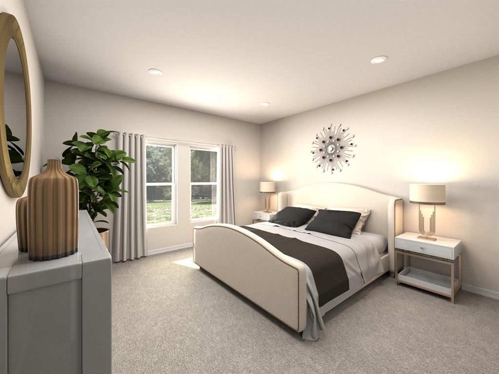 This is a digital rendering of a bedroom featuring a bed, nightstands, and two windows — 1016 MONARCH PASS, LAKE HAMILTON, FL