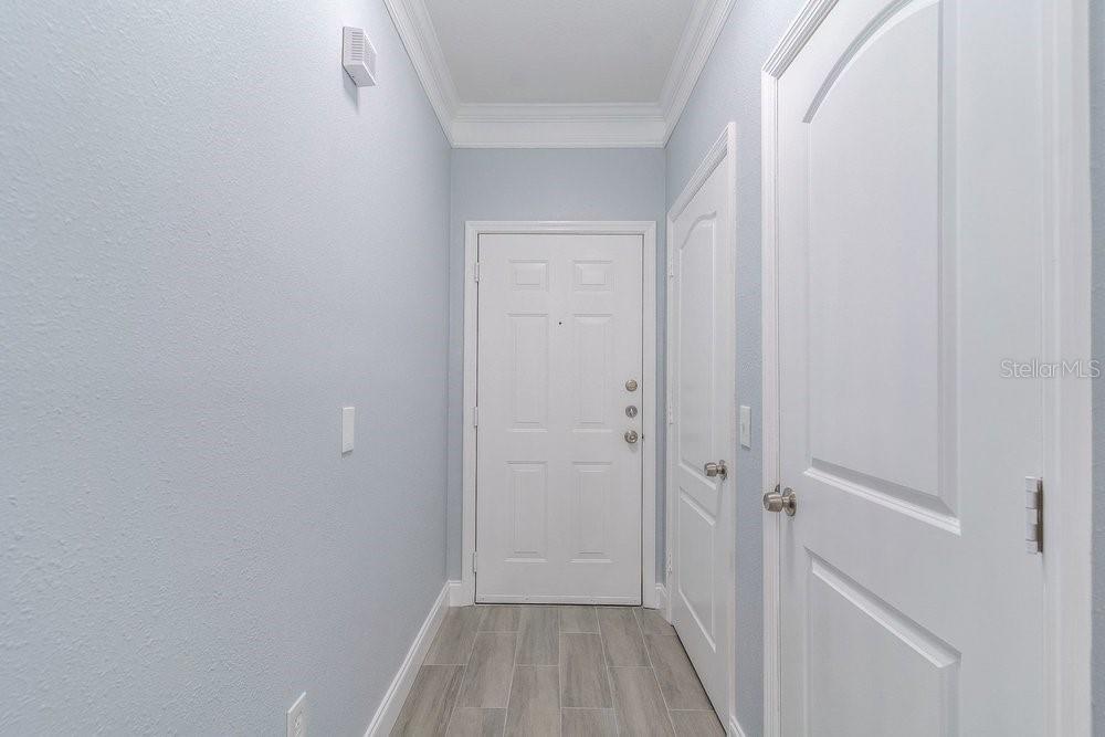 A hallway with light blue walls, gray wood-look tile flooring, and two white doors — 8842 VILLA VIEW CIRCLE UNIT 106, ORLANDO, FL