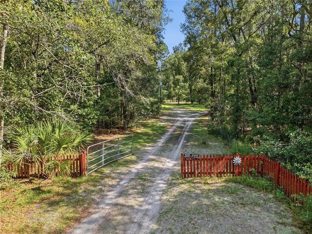 A dirt driveway leads through a gated entrance into a wooded, undeveloped lot — 24662 NW 84TH PLACE, ALACHUA, FL