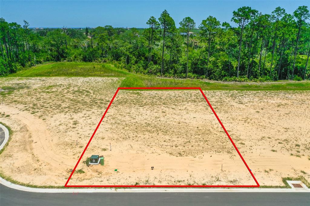 An aerial view shows a vacant, sandy residential lot outlined in red next to a road — 234 STILLWATER DRIVE, FLAGLER BEACH, FL