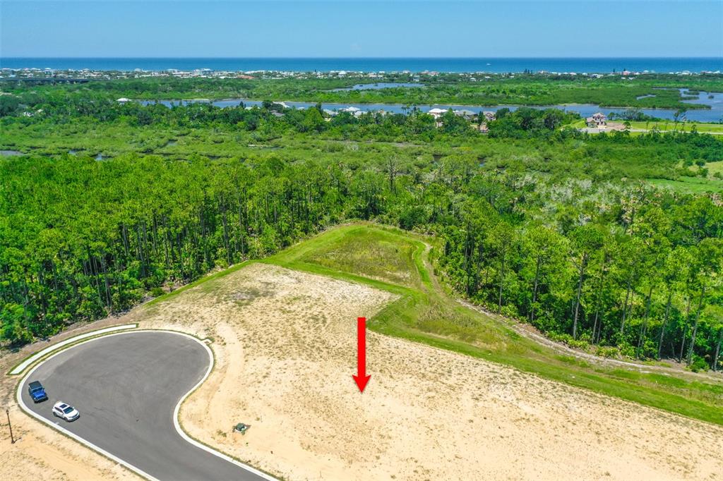 An aerial view shows a cleared, sandy residential lot adjacent to a paved cul-de-sac — 234 STILLWATER DRIVE, FLAGLER BEACH, FL