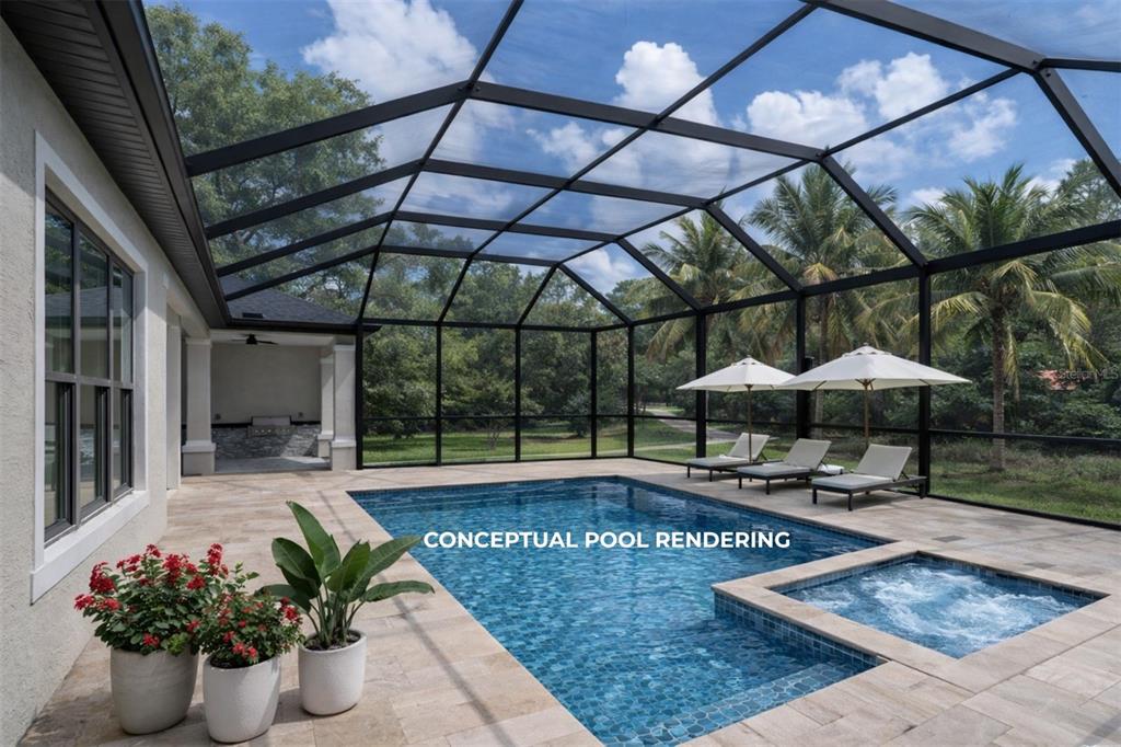This is a conceptual rendering of a swimming pool and spa inside a screened enclosure — 17 OLD OAK DRIVE N, PALM COAST, FL
