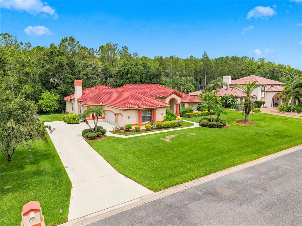 A single-story house with a red tile roof and a concrete driveway sits on grass — 18621 AVENUE CAPRI, LUTZ, FL