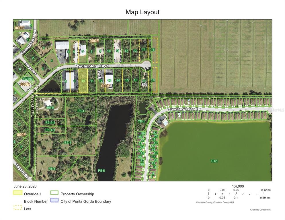 This is a map showing property lots, ownership boundaries, and road layouts in a residential area — 25571 TECHNOLOGY BOULEVARD, PUNTA GORDA, FL