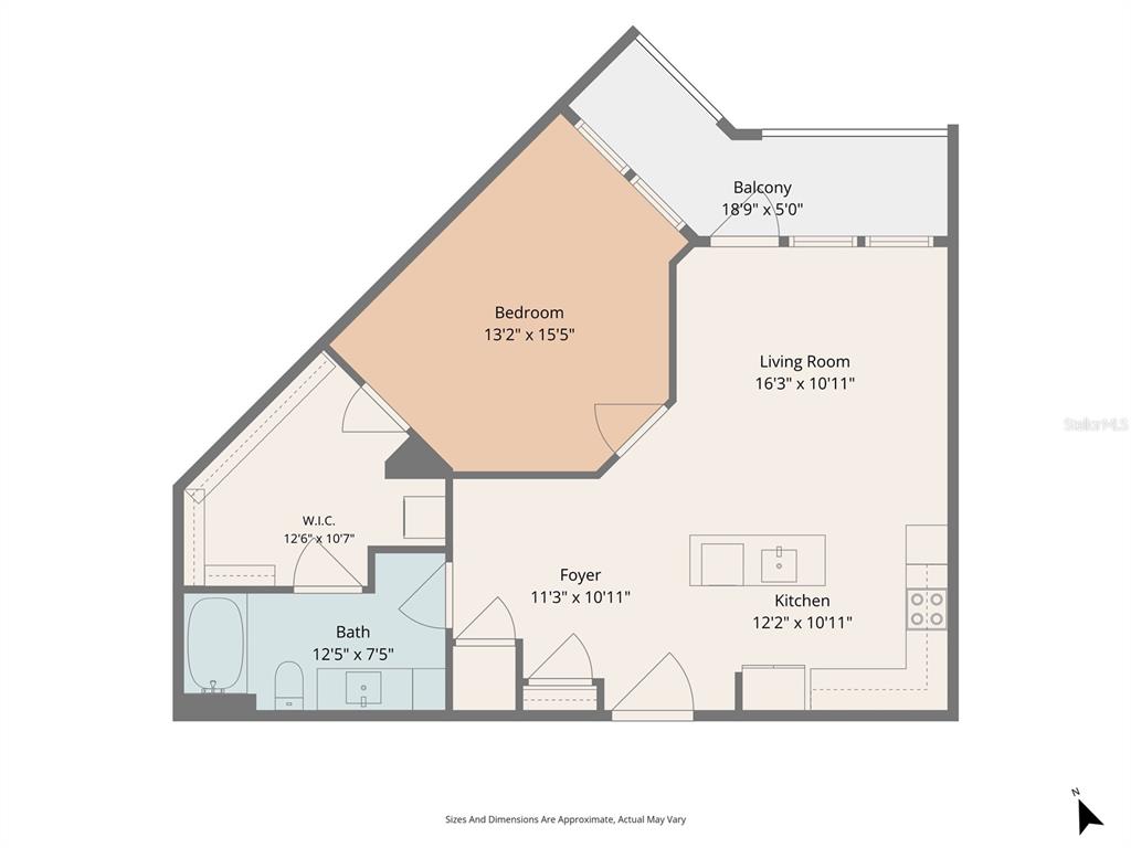 This is a floor plan of a one-bedroom apartment with a balcony, kitchen, and bathroom — 1700 RANCH ROAD UNIT A4-7306, NOKOMIS, FL